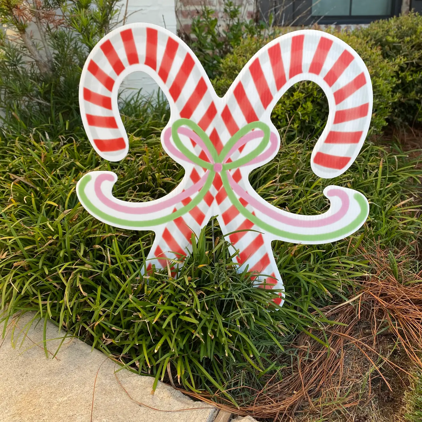 Green & Pink Bow Candy Cane Yard Sign